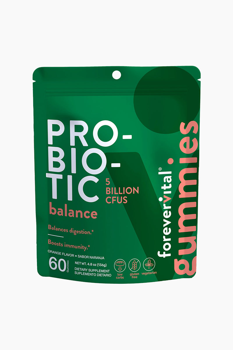 Forevervital Probiotic Gummies in green pouch with 5 billion CFUs, supports digestion and immunity, 60-count orange flavor supplement.