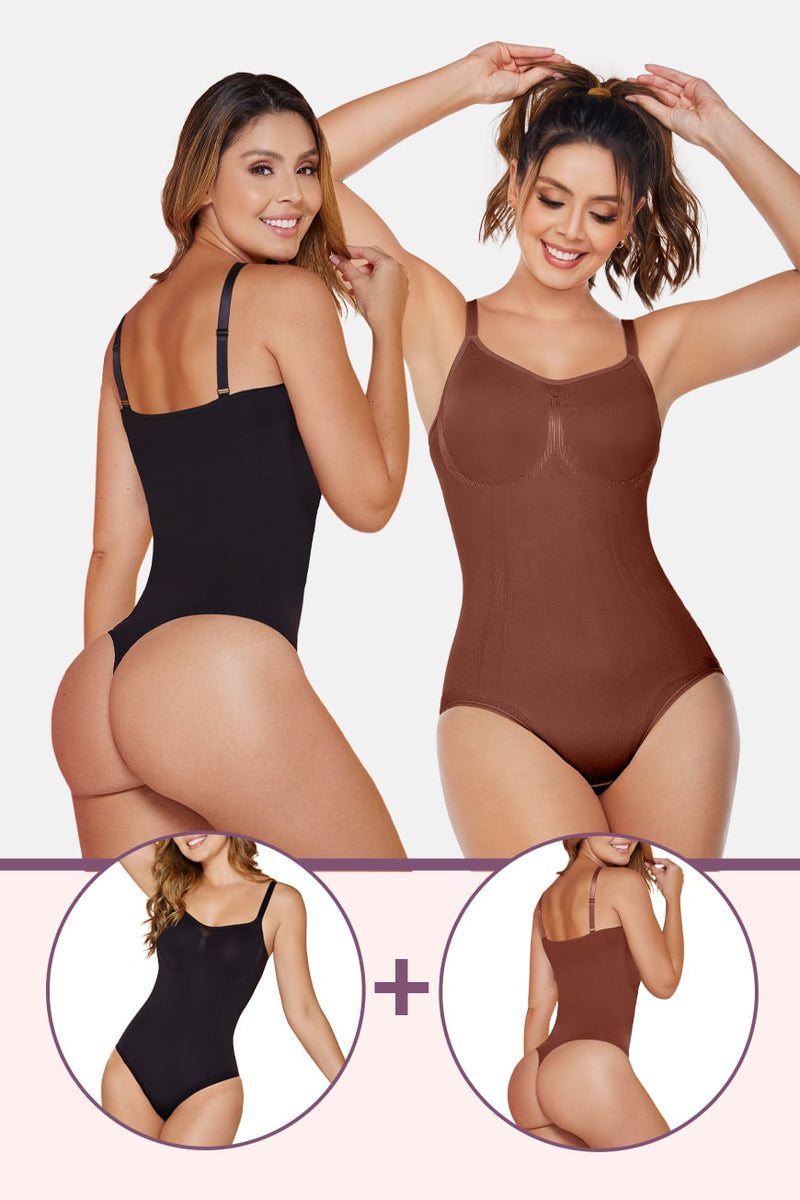 Comfort Evolution Thong Bodysuit 2 Pack Bundle featuring black and nude shapewear bodysuits with adjustable straps and seamless thong design.
