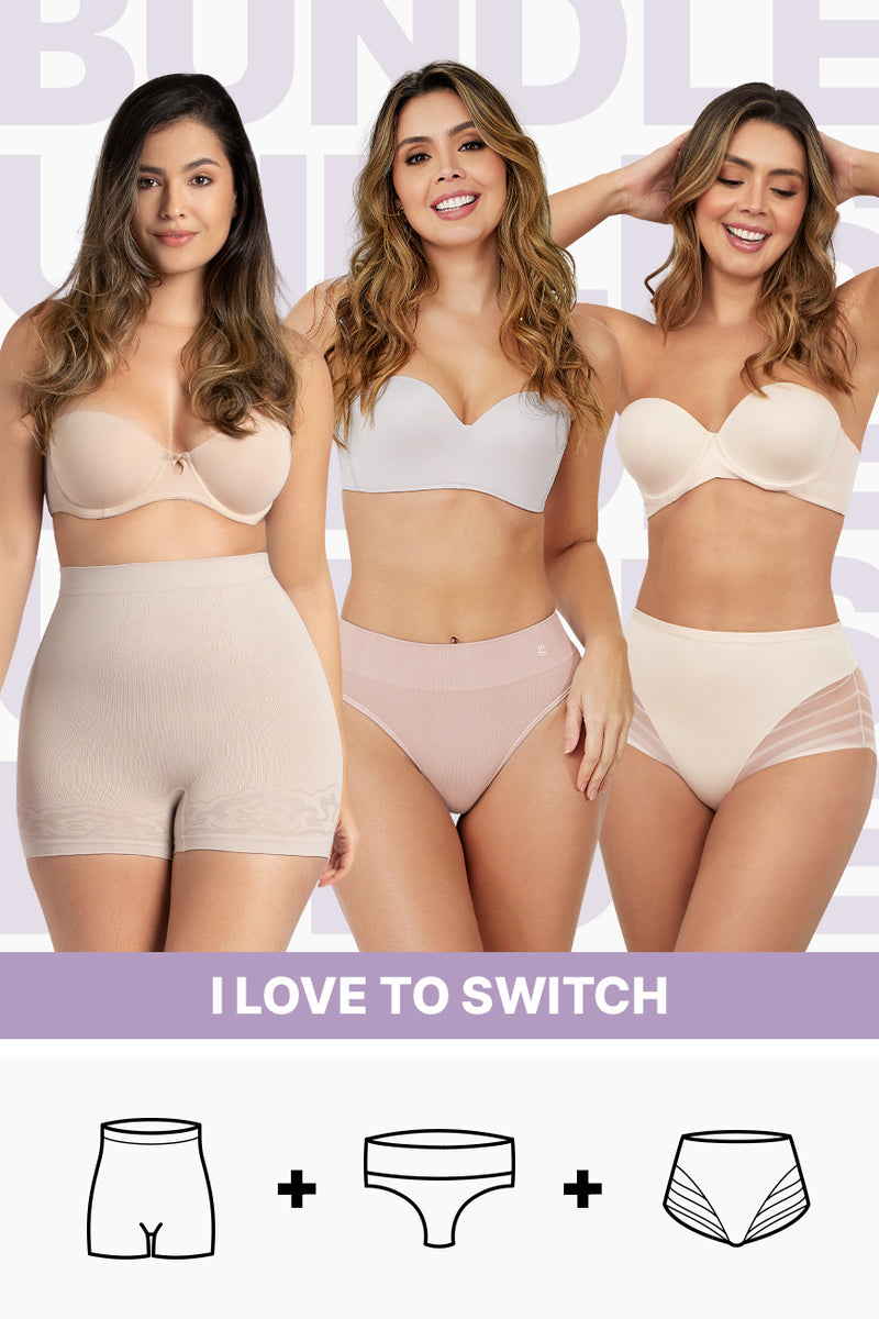 I Love to Switch underwear bundle featuring three women modeling boyshort, brief, and thong shapewear styles in neutral tones with seamless finishes.