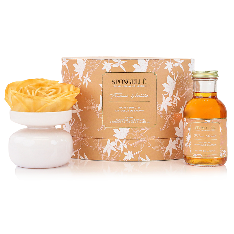 Spongellé Tobacco Vanilla Flower Diffuser Gift Set with rose-shaped diffuser and fragrance oil in elegant floral packaging. Ideal for home fragrance decor.