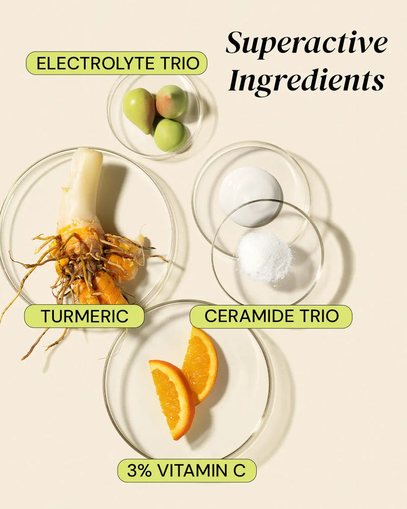 Flat lay of Advanced Brightening Moisturizer ingredients including turmeric, ceramides, electrolytes, and vitamin C. Targets hydration and skin radiance.