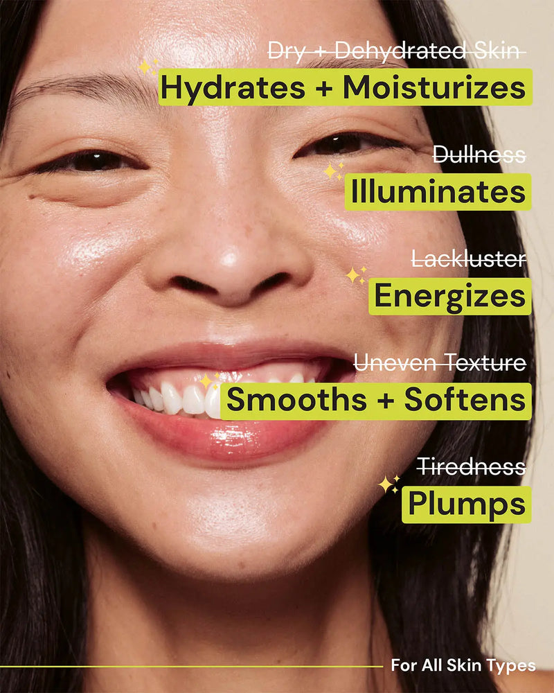 Smiling woman with glowing skin and text highlighting Advanced Brightening Moisturizer benefits like hydration, illumination, and skin plumping.