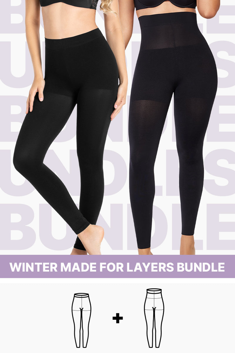 Winter made for layers bundle featuring two pairs of black shaping leggings with moderate compression and seamless design for all-day comfort.