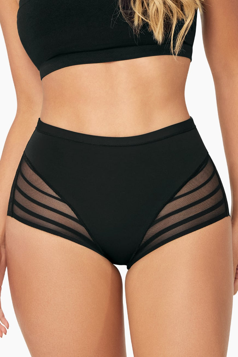 Curveez Control Briefs for Women Flawless in Light Blush offer moderate compression and tummy control with sheer striped mesh side panels for style.