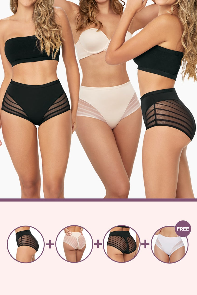 Front view of three models in Ultimate Flawless Brief Bundle with icons of each brief style, including a free white brief offer.