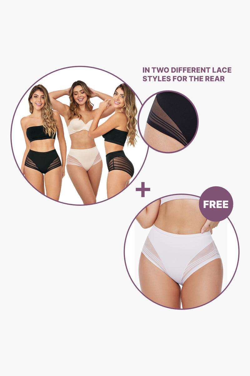 Close-up of Ultimate Flawless Brief Bundle showing lace rear styles and free white brief, emphasizing comfort and design variety.