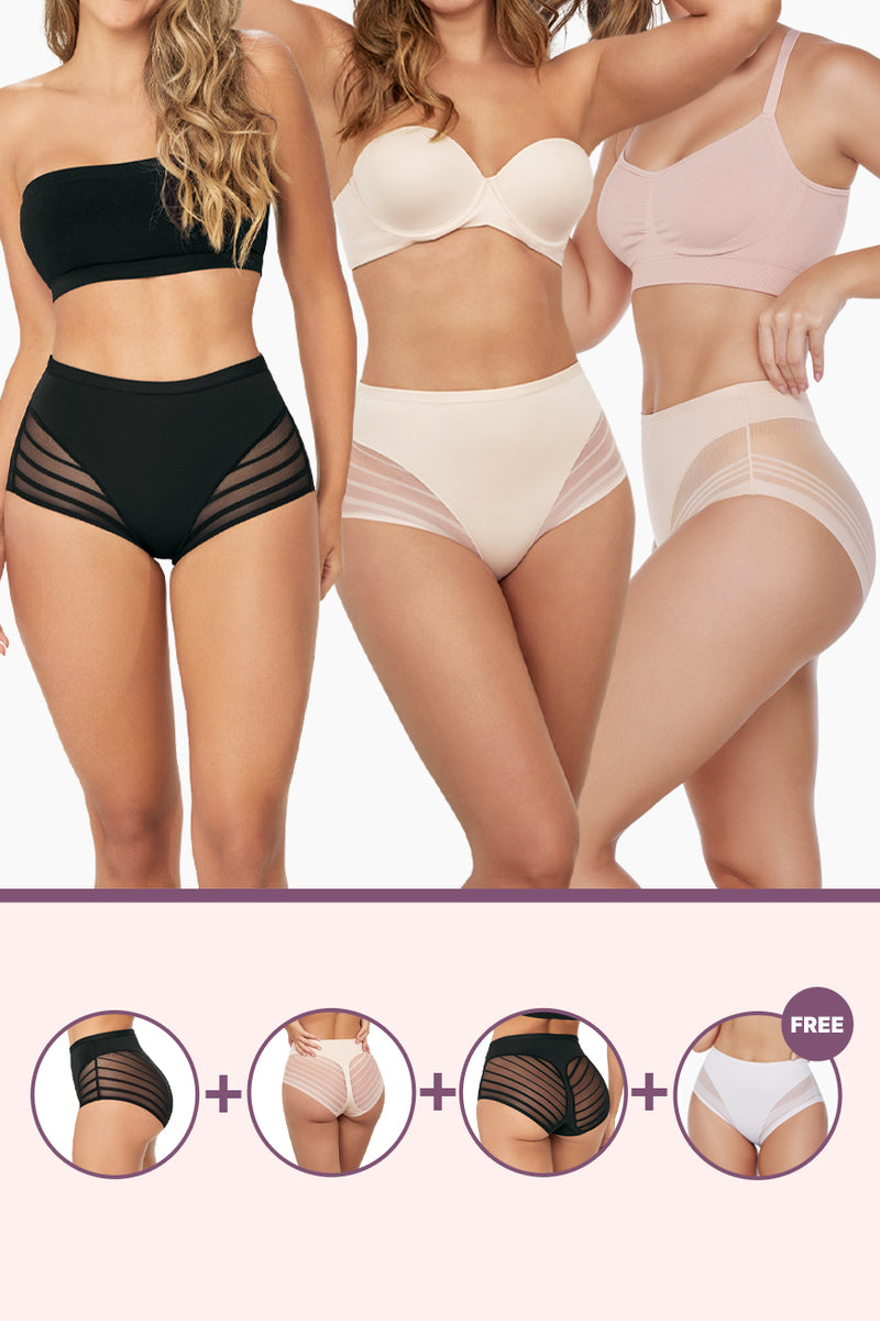 Three women modeling the Ultimate Flawless Brief Bundle in black, beige, and white colors, showcasing front view of high-waisted briefs.