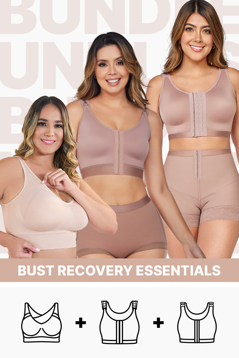 Bust recovery essentials bundle featuring three post-surgery bras in nude tones with front closures and supportive designs for optimal healing comfort.