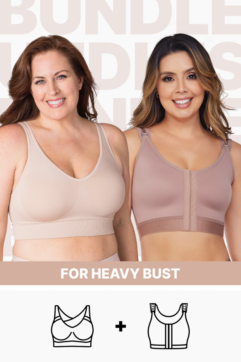 Bundle of two wire-free bras for heavy busts in nude tones, offering firm support and comfort for fuller figures. Ideal for daily wear or post-surgery use.