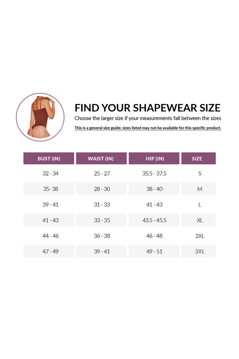 Shapewear size chart for Viral body duo with bust, waist, and hip measurements in inches for sizes S to 3XL. Includes model in thong bodysuit.