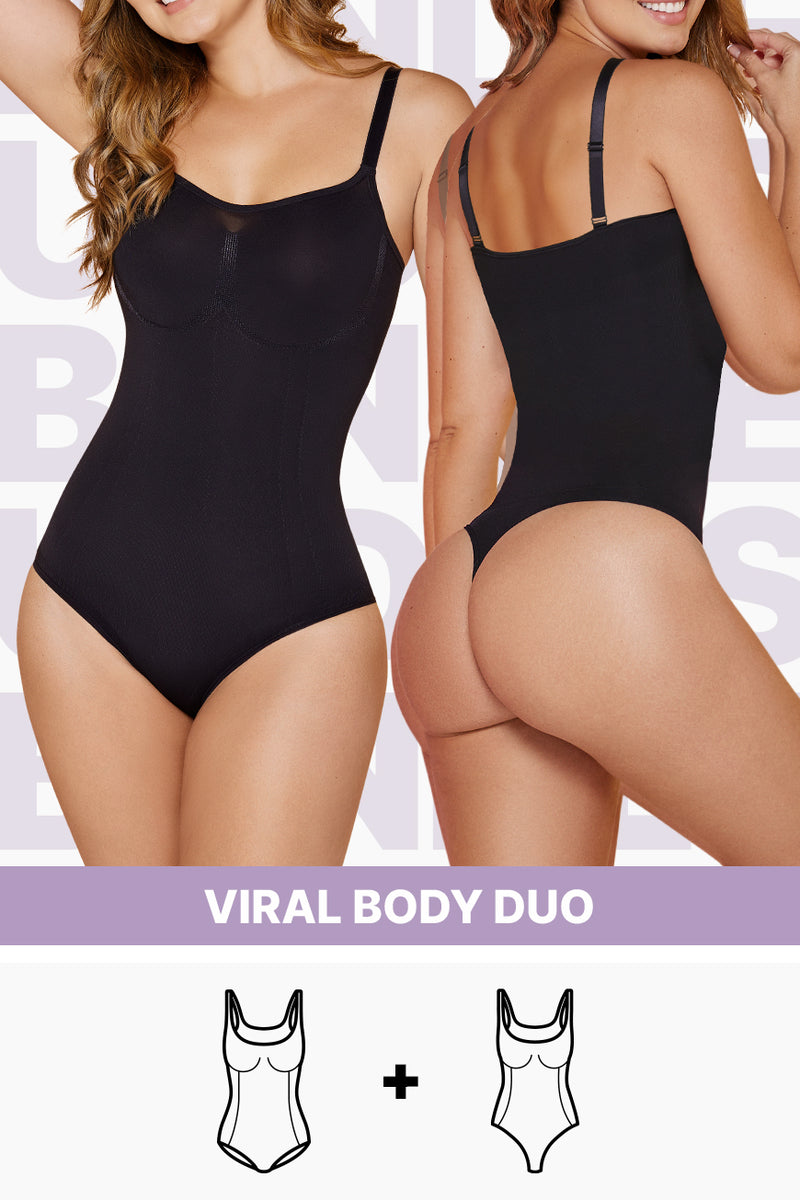 Viral body duo shapewear bundle featuring thong and panty bodysuits in black with adjustable straps and seamless compression fit. Ideal for shaping under dresses or skirts.