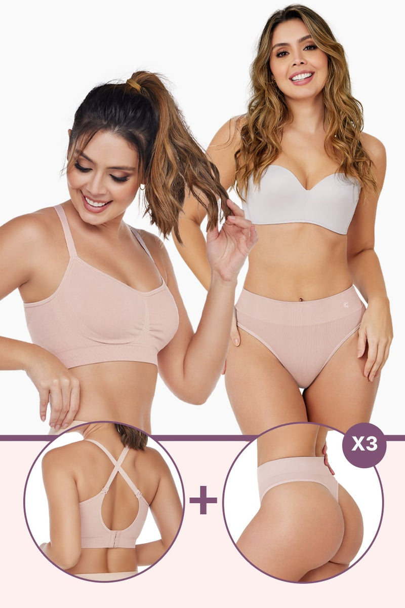 Ultimate Comfort Bundle featuring seamless bras and shaping thongs in nude tones. Includes cross-back bra and high-rise thong for all-day support.