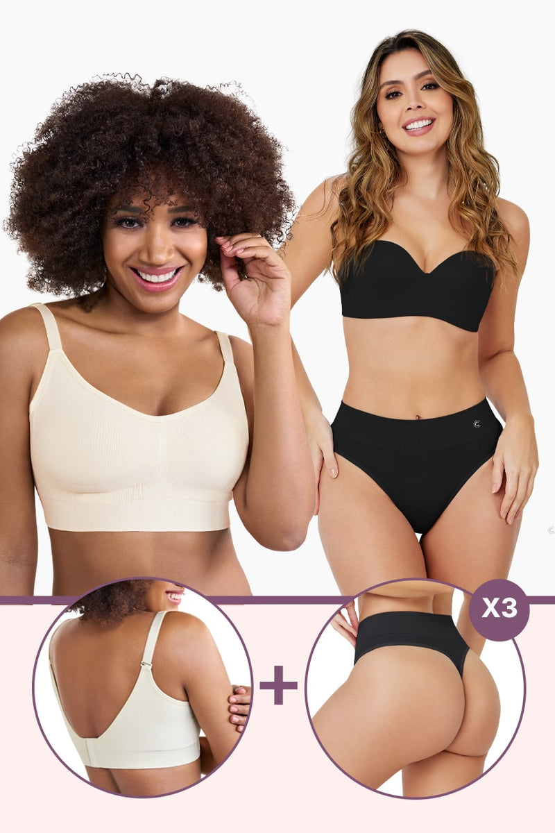 Ultimate Comfort Bundle featuring seamless bras and shaping thongs in nude tones. Includes cross-back bra and high-rise thong for all-day support.