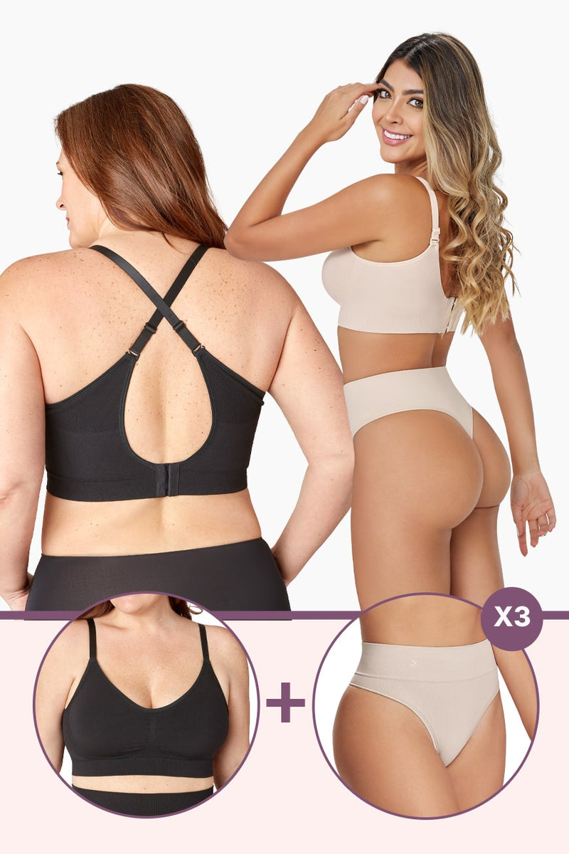 Ultimate Comfort Bundle featuring seamless bras and shaping thongs in nude tones. Includes cross-back bra and high-rise thong for all-day support.