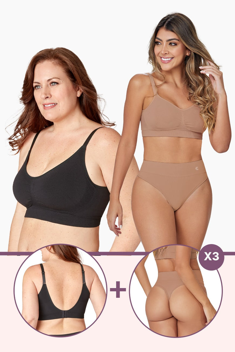 Ultimate Comfort Bundle featuring seamless bras and shaping thongs in nude tones. Includes cross-back bra and high-rise thong for all-day support.