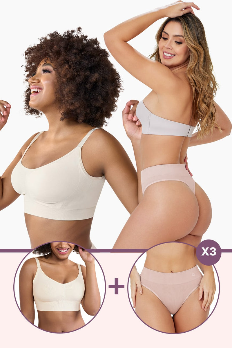 Ultimate Comfort Bundle featuring seamless bras and shaping thongs in nude tones. Includes cross-back bra and high-rise thong for all-day support.