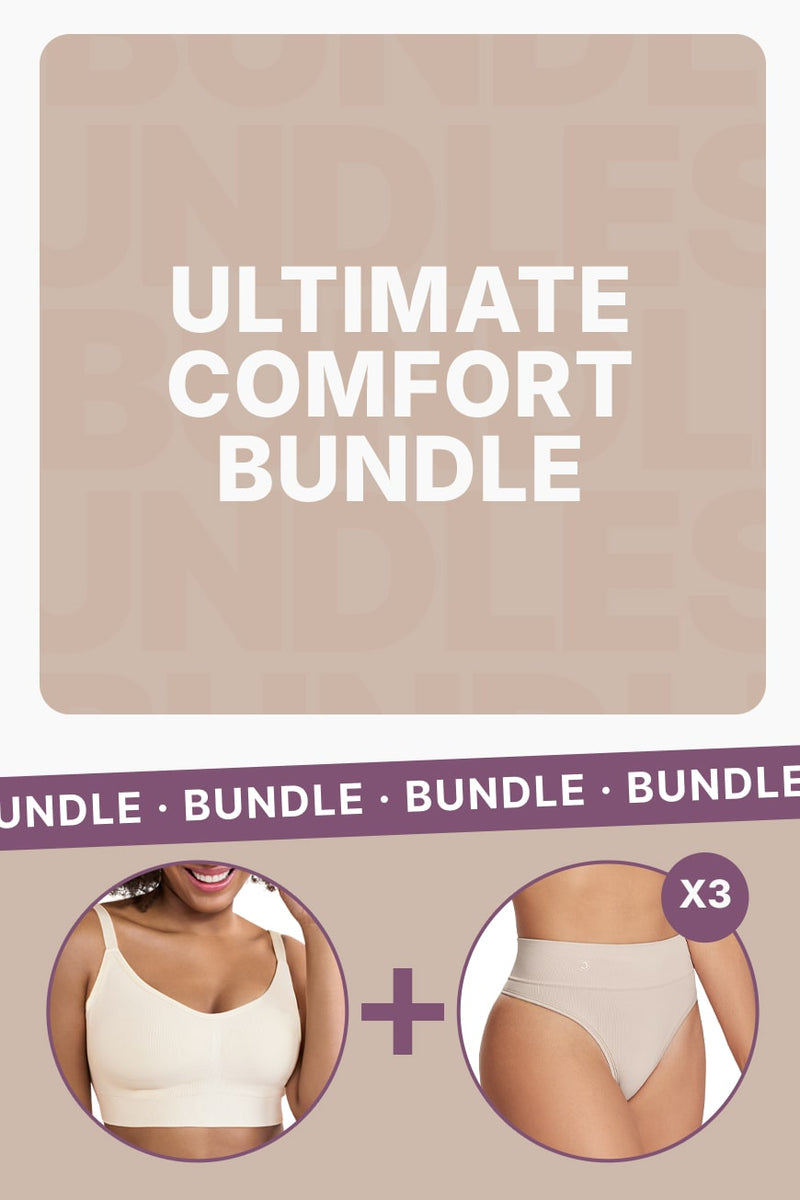 Ultimate Comfort Bundle featuring a nude wireless bra and three nude shaping thongs for all-day support and smoothing. Ideal for shapewear needs.