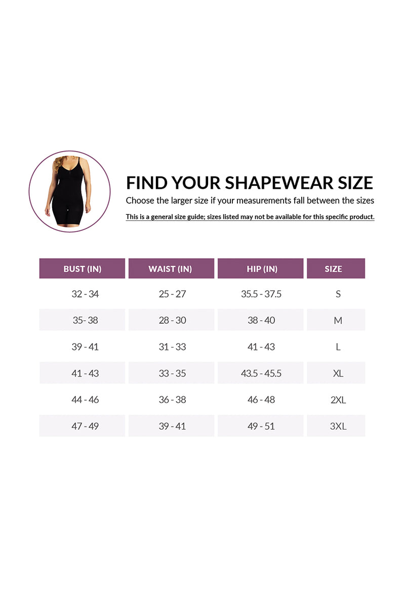 Shapewear sizing chart for Comfort Evolution bodysuit, showing bust, waist, and hip measurements for sizes S to 3XL.