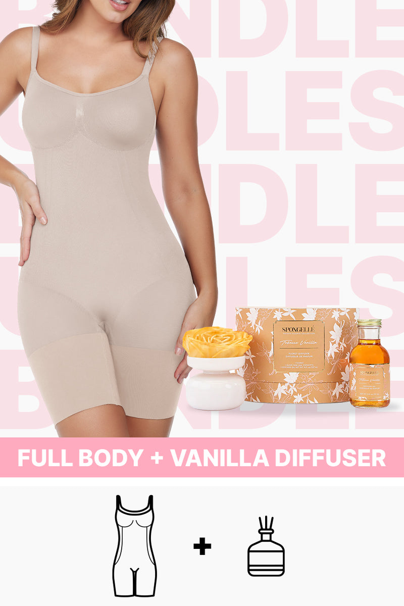 Curves & Serenity Bundle featuring a seamless nude full body shaper with 360° sculpting compression and a vanilla-scented diffuser for relaxation.