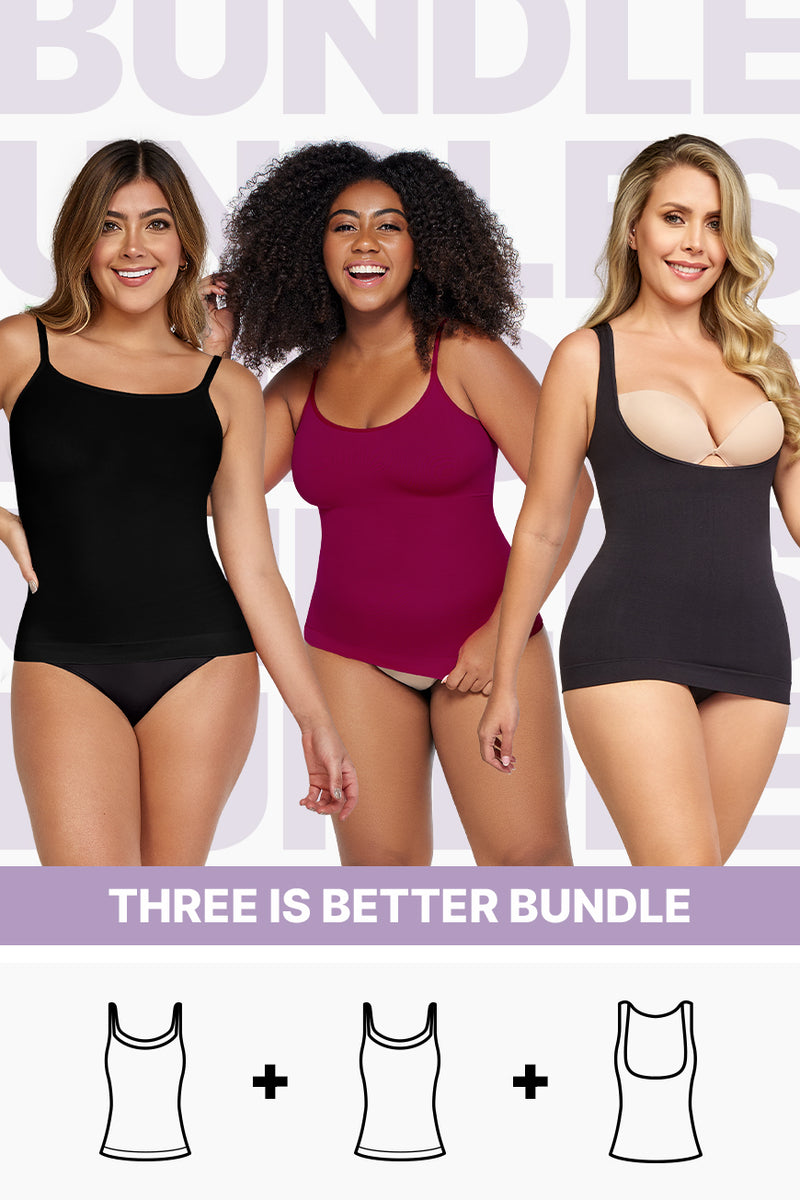 Three is Better Bundle shapewear set featuring three women wearing black, burgundy, and black cami shapers with TrueFit™ Technology for body contouring.