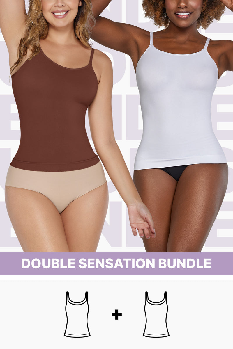 Double Sensation Bundle shapewear featuring two women wearing TrueFit™ cami tops in brown and white, offering different levels of control and comfort.