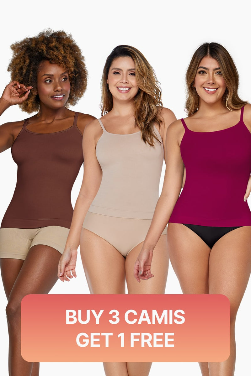 Ultimate Shaping Bundle featuring three women wearing shaping cami tops in chocolate, beige, and magenta. Buy 3 camis, get 1 free offer.