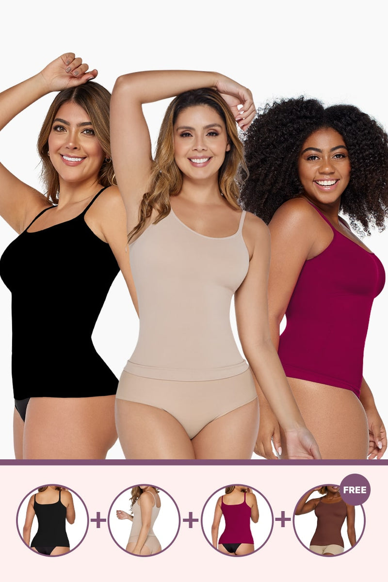 Ultimate Shaping Bundle featuring three women wearing shaping cami tops in chocolate, beige, and magenta. Buy 3 camis, get 1 free offer.