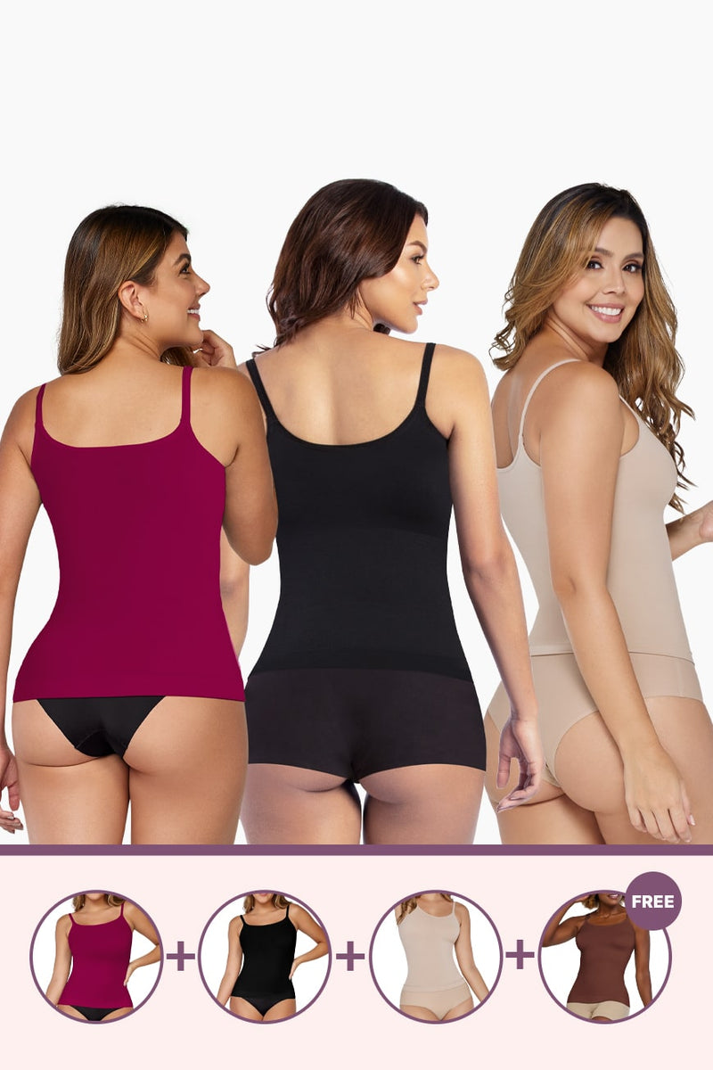 Ultimate Shaping Bundle featuring three women wearing shaping cami tops in chocolate, beige, and magenta. Buy 3 camis, get 1 free offer.