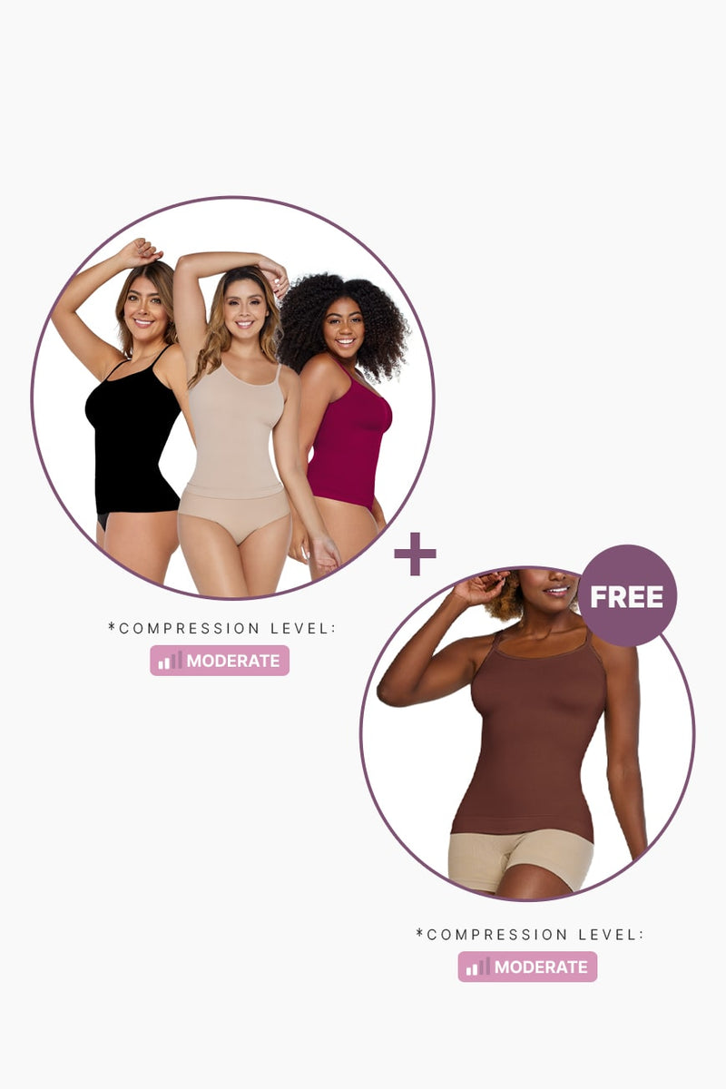 Ultimate Shaping Bundle featuring three women wearing shaping cami tops in chocolate, beige, and magenta. Buy 3 camis, get 1 free offer.