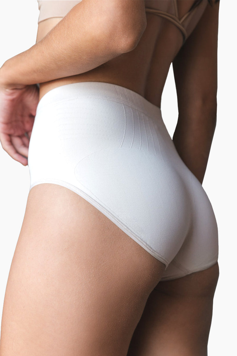 Back view of white Contouring High-Leg Brief highlighting buttock-enhancing design and breathable microfiber fabric.