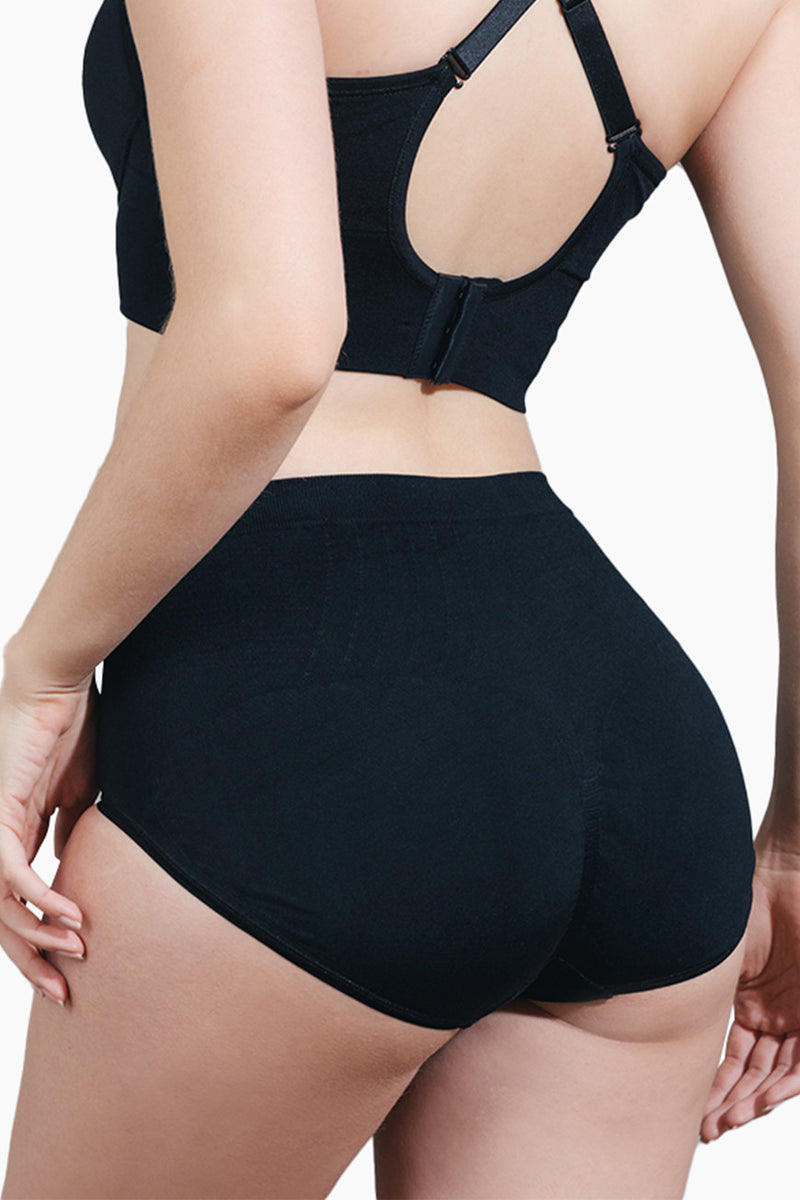 Back view of black Contouring High-Leg Brief with butt-lifting design and smooth microfiber for enhanced shaping.