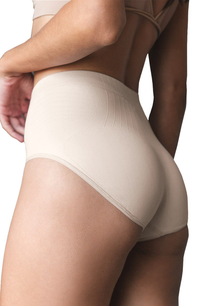 Back view of beige Contouring High-Leg Brief showing sculpted fit and breathable fabric for everyday shapewear support.