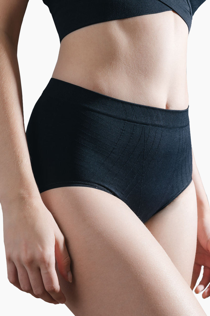Contouring High-Leg Brief in black featuring high-rise fit and sculpting lines for shaping and comfort in lingerie collection.