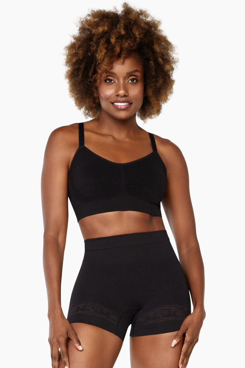 Front view of Curveez Boyshorts for Women in black, designed for everyday shaping and moderate tummy compression.