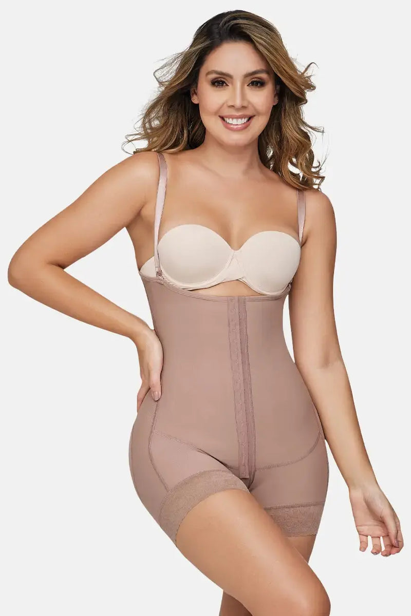 Curveez Full Body Shaper Shorts in nude with high waist and thigh-length design for tummy and hip control. Ideal shapewear for sculpting curves.