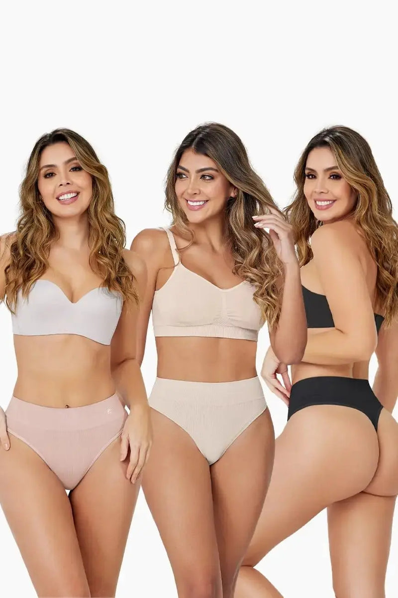 Pure Shape Thong 3 Pack Bundle in nude, blush, and black colors modeled front and back, showcasing seamless shapewear fit and comfort.