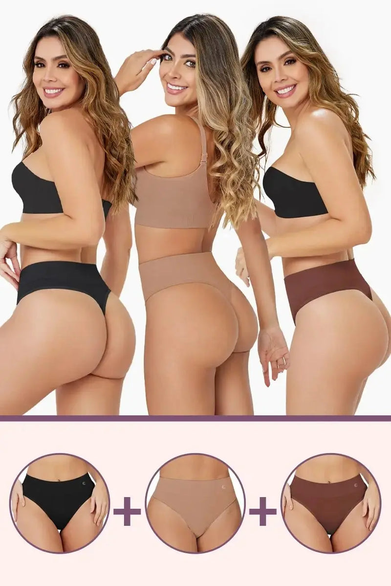 Pure Shape Thong 3 Pack Bundle in black, mocha, and brown tones shown from the back, emphasizing smooth, sculpting fit and comfort.