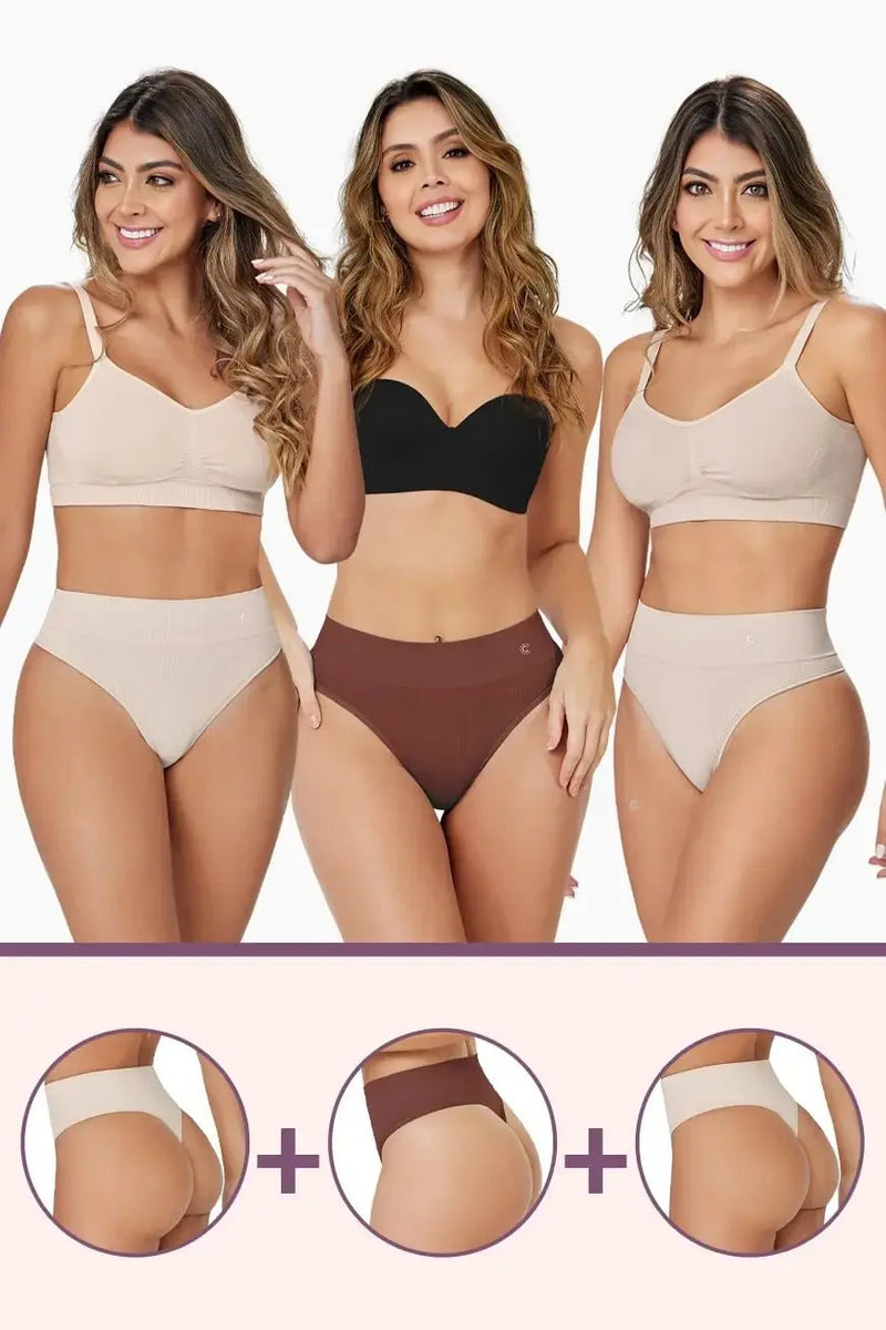Pure Shape Thong 3 Pack Bundle in beige, brown, and nude colors with front and back views, designed for seamless shaping and daily wear.