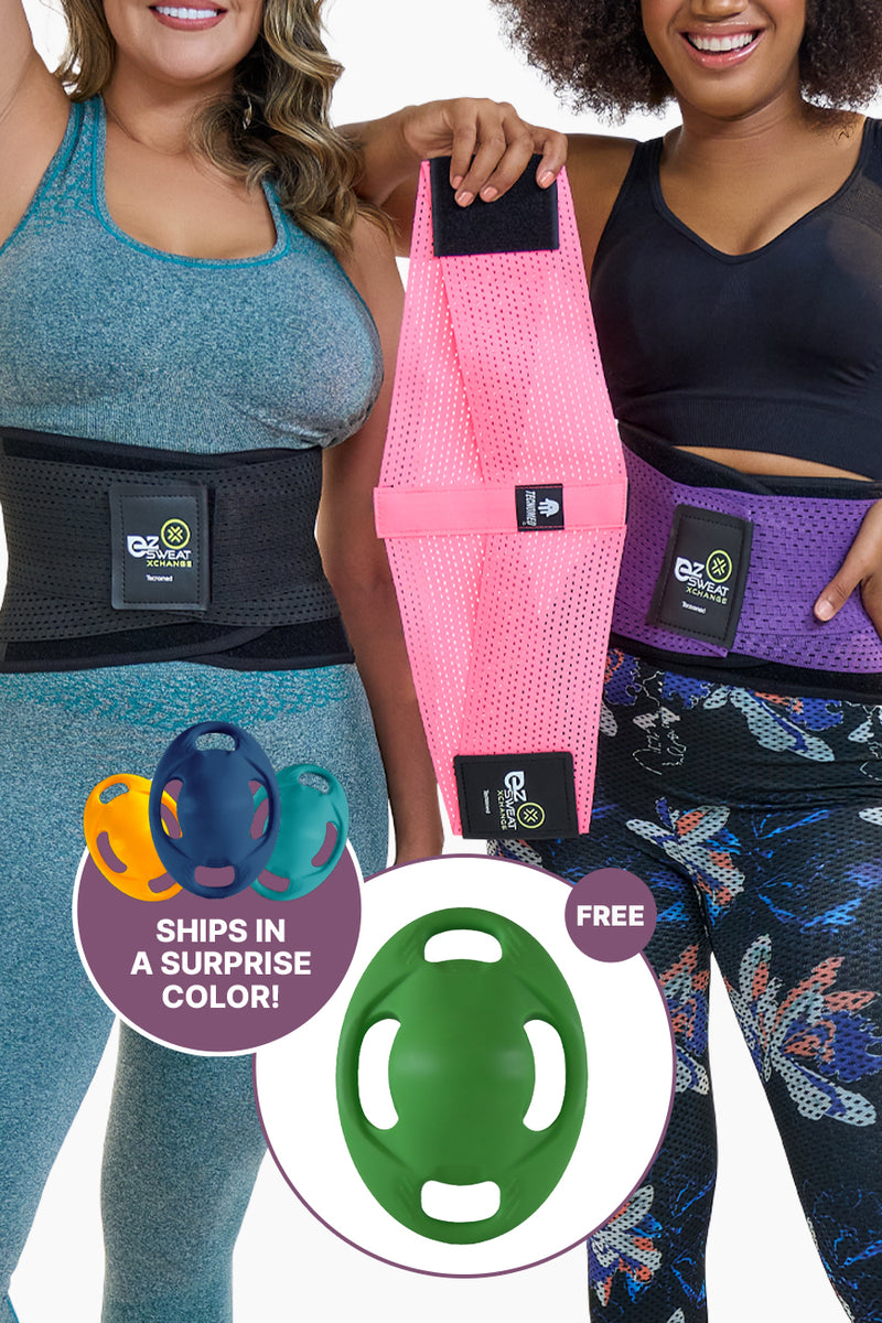 Ultimate Xchange Bundle featuring EZ Sweat Gym Belt in black, pink, and purple with a free Vasspod fitness tool in assorted surprise colors. Ideal for waist training and back support.