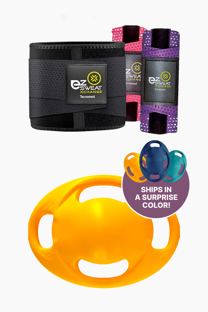 Ultimate Xchange Bundle featuring EZ Sweat Gym Belt in surprise color and green Vasspod fitness tool. Includes waist trainer and resistance gear.