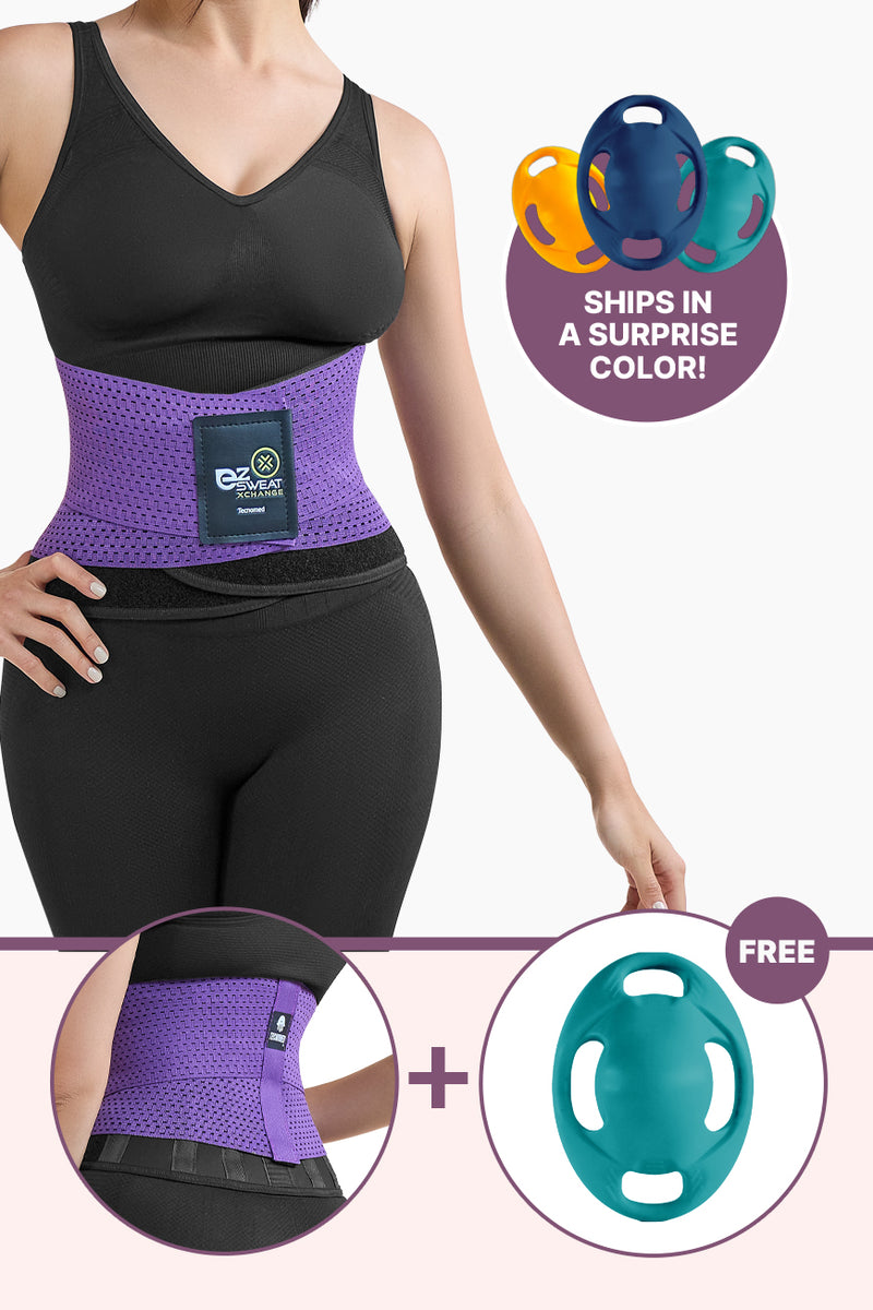 Ultimate Xchange Bundle featuring EZ Sweat Gym Belt in black, pink, and purple with a free Vasspod fitness tool in assorted surprise colors. Ideal for waist training and back support.