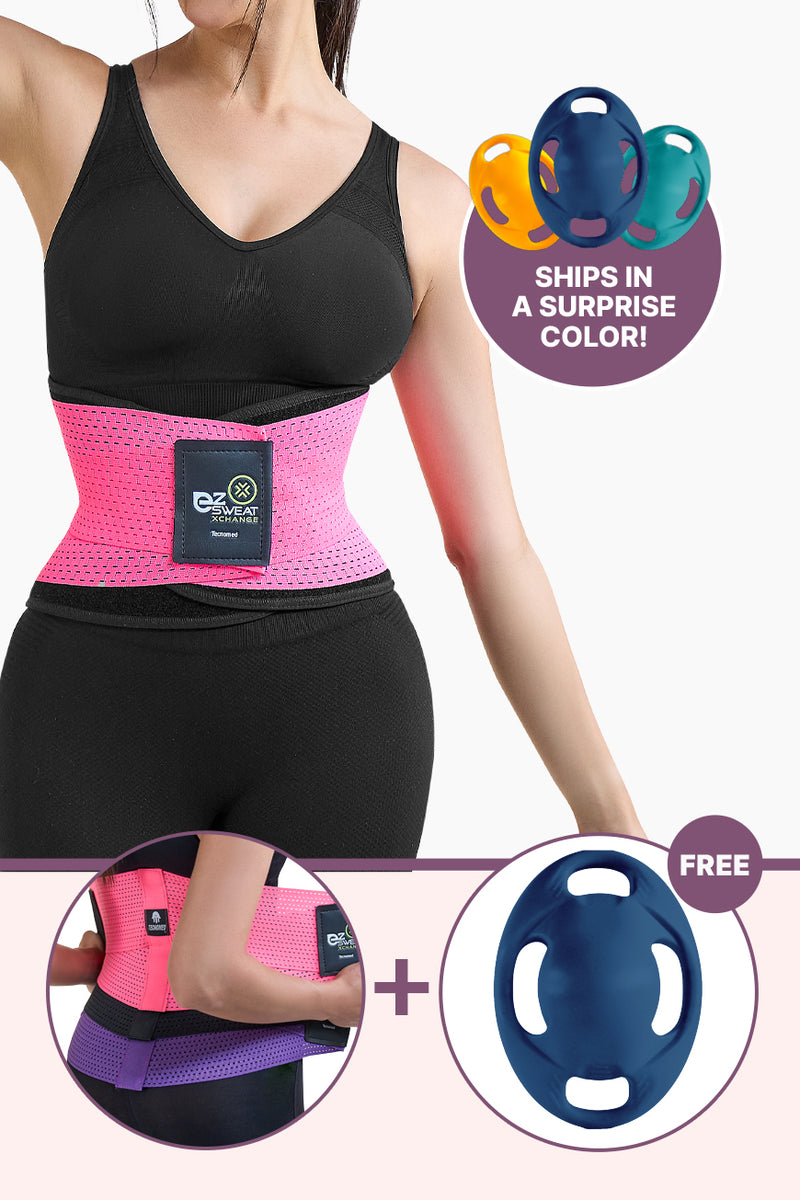 Ultimate Xchange Bundle featuring EZ Sweat Gym Belt in black, pink, and purple with a free Vasspod fitness tool in assorted surprise colors. Ideal for waist training and back support.