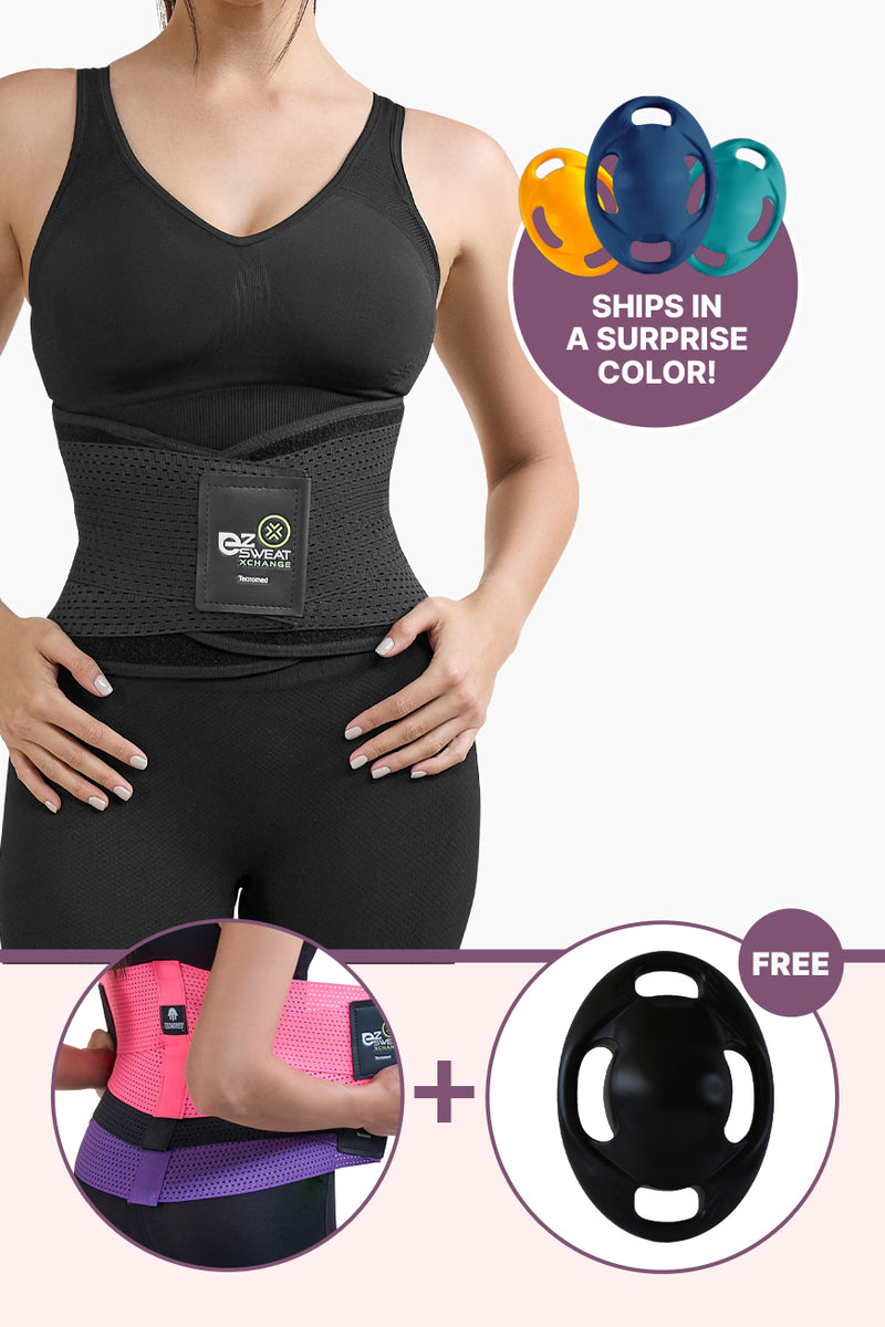 Ultimate Xchange Bundle featuring EZ Sweat Gym Belt in surprise color and green Vasspod fitness tool. Includes waist trainer and resistance gear.