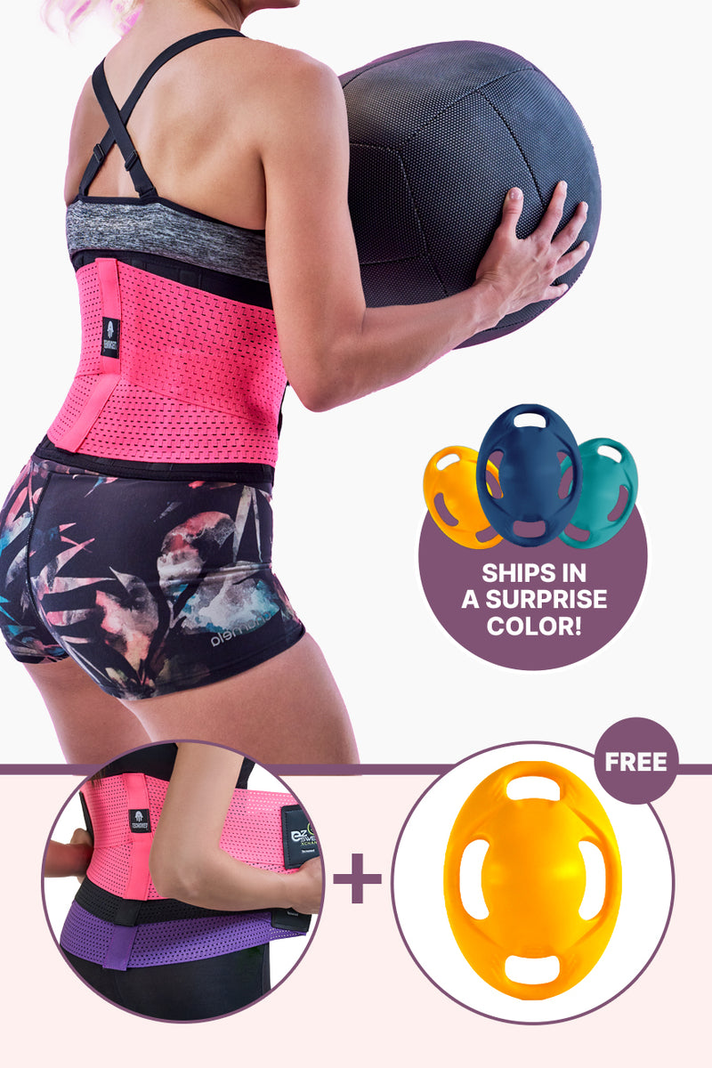 Ultimate Xchange Bundle featuring EZ Sweat Gym Belt in black, pink, and purple with a free Vasspod fitness tool in assorted surprise colors. Ideal for waist training and back support.