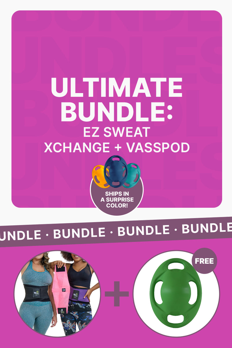 Ultimate Xchange Bundle featuring EZ Sweat Gym Belt in surprise color and green Vasspod fitness tool. Includes waist trainer and resistance gear.