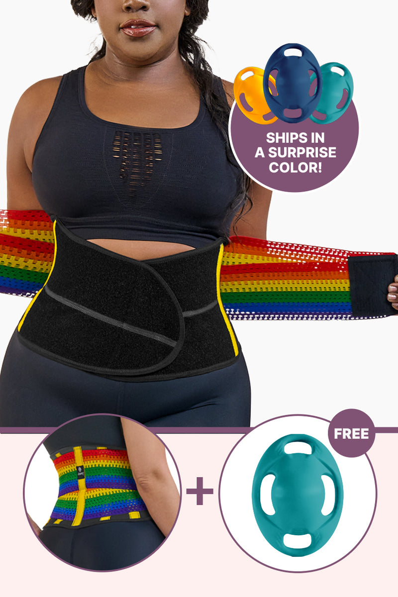 Ultimate Unicorn Bundle gymwear featuring a rainbow EZ Sweat Gym Belt with tummy control and a free Vasspod resistance tool in surprise color.
