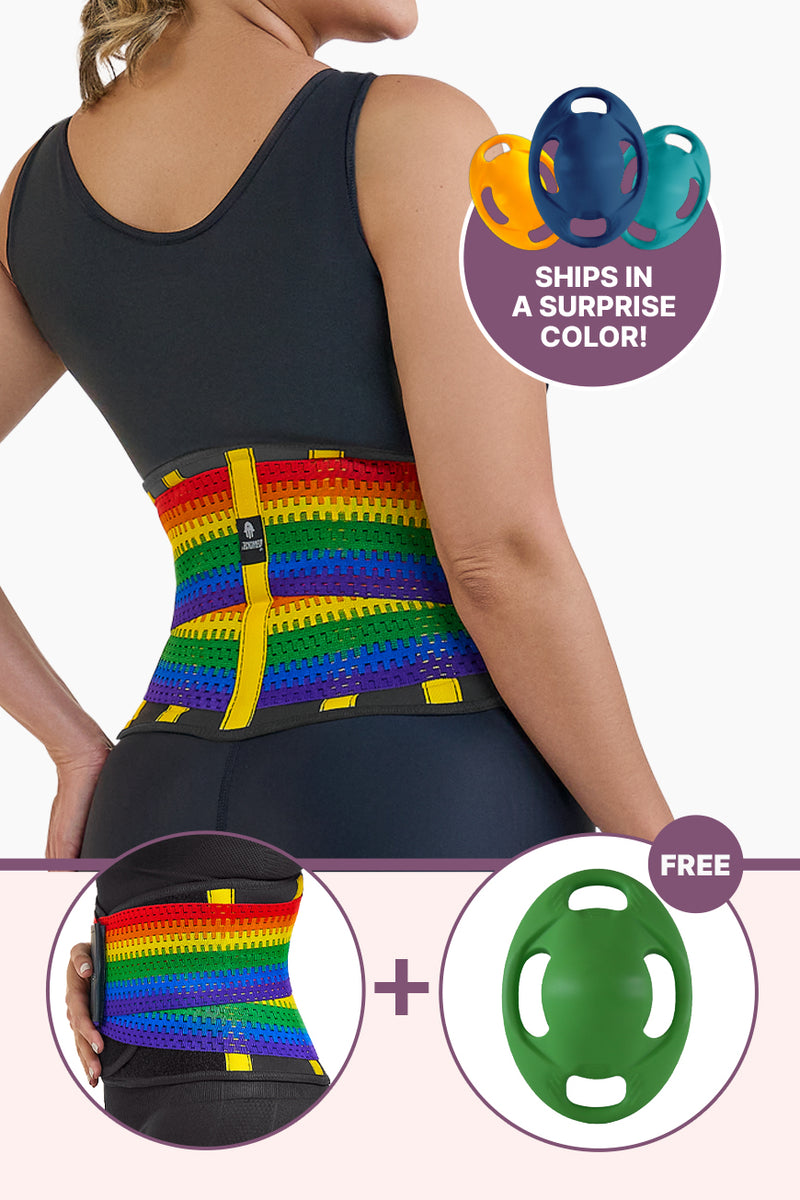 Ultimate Unicorn Bundle gymwear featuring a rainbow EZ Sweat Gym Belt with tummy control and a free Vasspod resistance tool in surprise color.