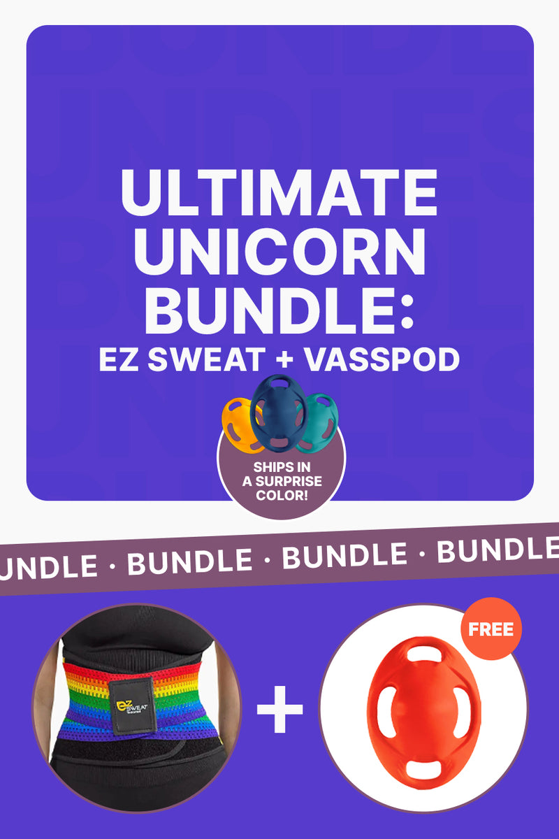 Ultimate Unicorn Bundle featuring EZ Sweat rainbow waist cincher and free Vasspod resistance tool in surprise color, ideal for tummy control and fitness.
