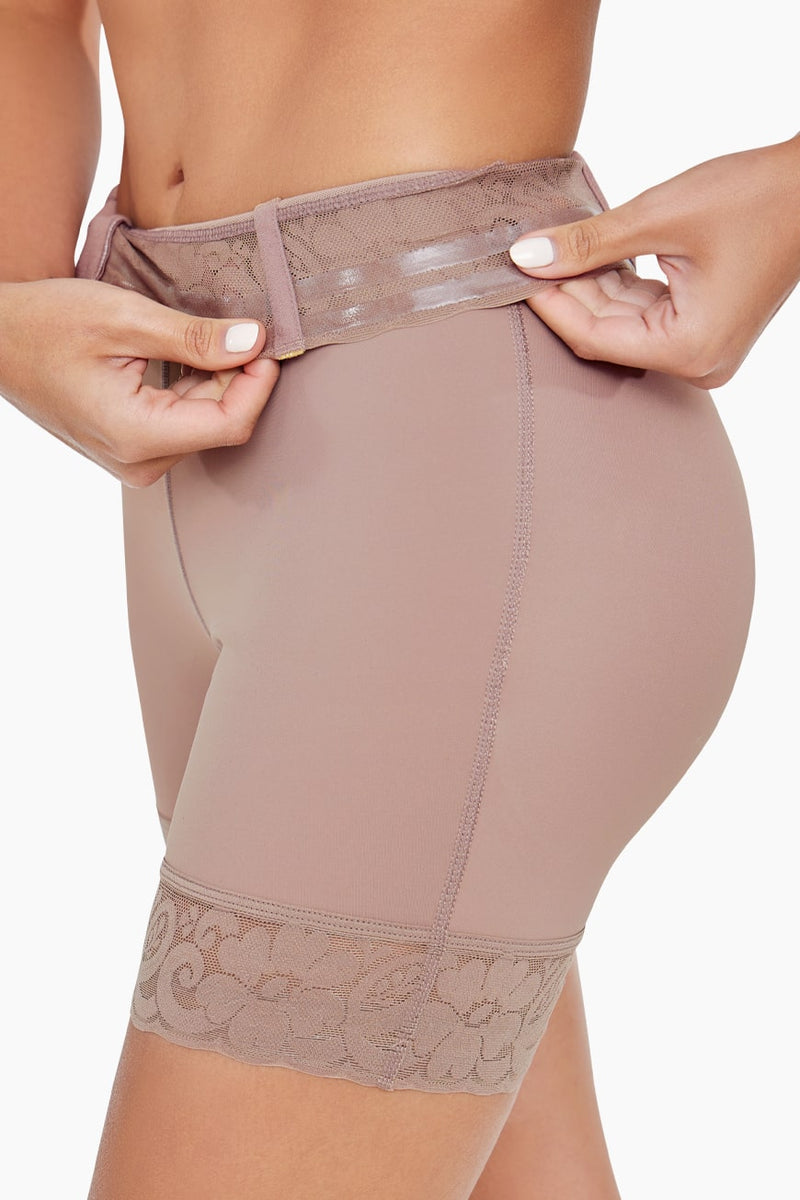 BBL Effect Easy Sculpt Hi-Cut Shorts in black with lace trim, featuring front zipper and high-waist design for shaping and support.