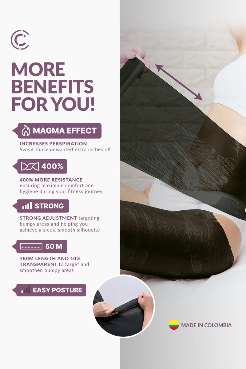 Woman wearing CURVEEZ Thermal Body Wrap around waist and arms, showing sweat-enhancing effect for workout efficiency and body measurement reduction.